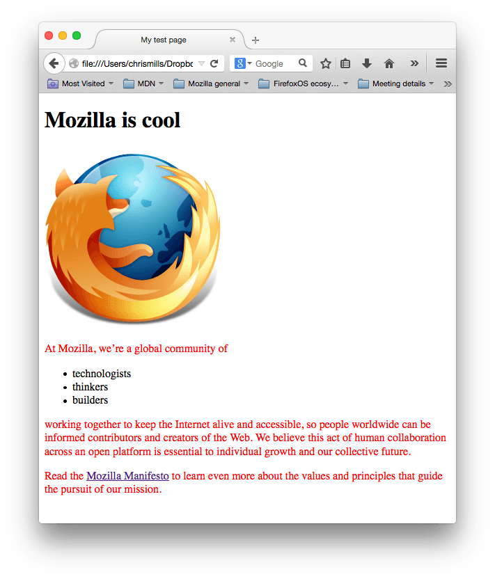 A mozilla logo and some paragraphs. The paragraph text has been styled
red by our css.