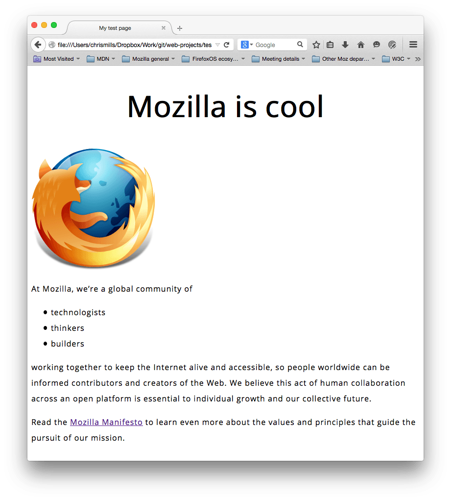 a mozilla logo and some paragraphs. a sans-serif font has been set,
the font sizes, line height and letter spacing are adjusted, and the
main page heading has been centered